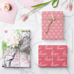 Cute Elephants Romeo and Juliet Romantic Love Pink Wrapping Paper Sheet