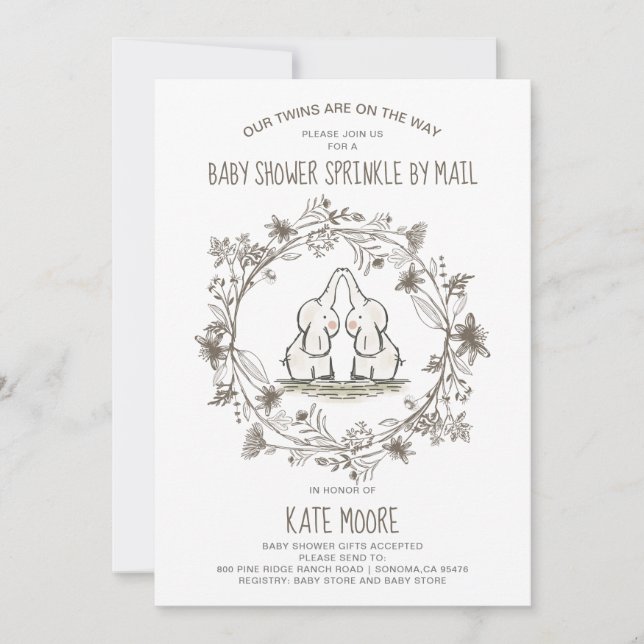 Cute Elephants Twins Baby Shower Sprinkle by Mail Invitation (Front)