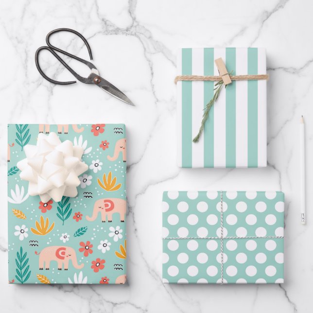 Cute Elephants Wrapping Paper  Set of 3 (Front)