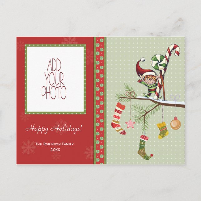 Cute Elf and Christmas Socks Holiday Postcard (Front)