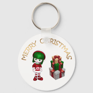 Cute Elf and Gifts Merry Christmas Key Ring