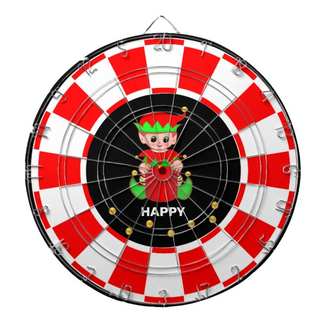 Cute Elf and Gold Confetti on Black Red & White Dartboard (Front)
