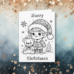 Cute Elf and Teddy Bear Christmas Colour Me Card