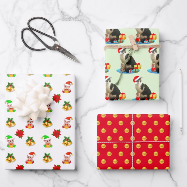 Cute Elf, Bells, Carol Cat & Golden Polka Dots Wrapping Paper Sheet (Front)