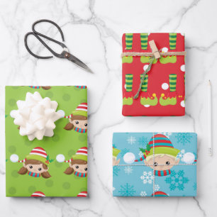 Cute elf boy girl feet christmas pattern festive  wrapping paper sheet