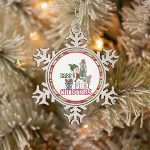 Cute Elf Carrying Presents Baby's First Christmas Snowflake Pewter Christmas Ornament
