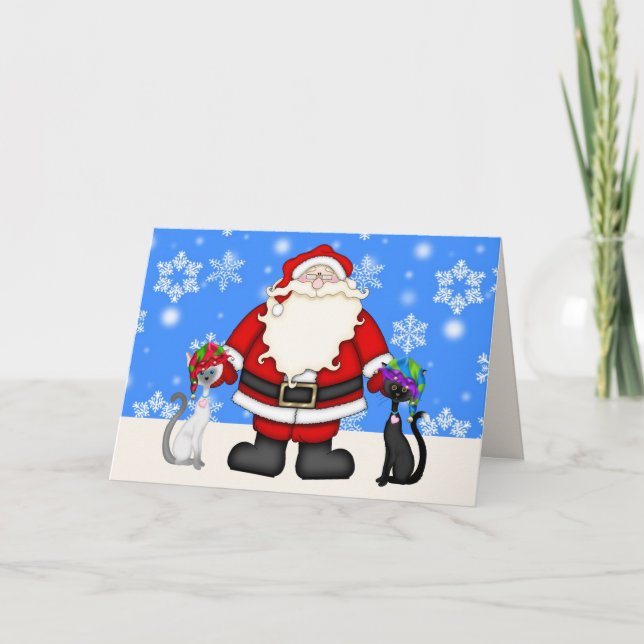 Cute Elf Cats and Santa Christmas  Holiday Card (Front)