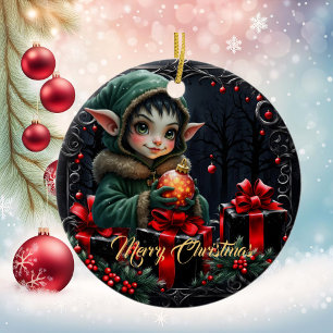 Cute Elf Child in Green Hooded Coat  Ceramic Tree Decoration
