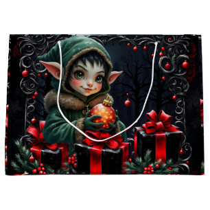 Cute Elf Child in Green Hooded Coat Large Gift Bag