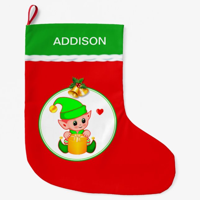 Cute Elf & Christmas Bells on Red Large Christmas Stocking (Front)