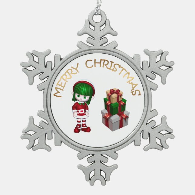 Cute Elf Christmas Snowflake Pewter Christmas Ornament (Front)