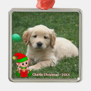 Cute Elf & Custom Golden Retriever Puppy Photo Metal Tree Decoration