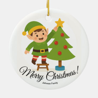 Cute Elf Decorating Tree Personalized Family Name Ceramic Tree Decoration