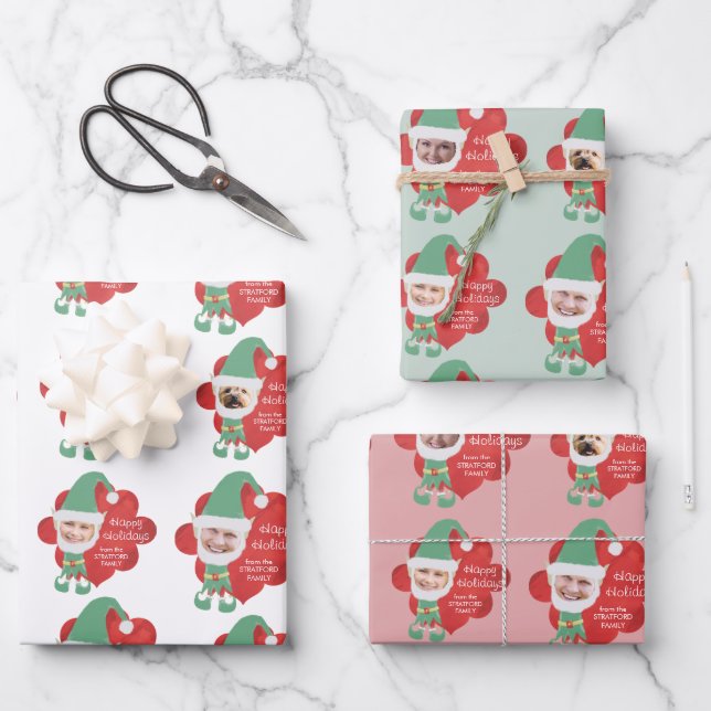 Cute Elf Family 4 Photo Personalised Greeting Wrapping Paper Sheet (Front)