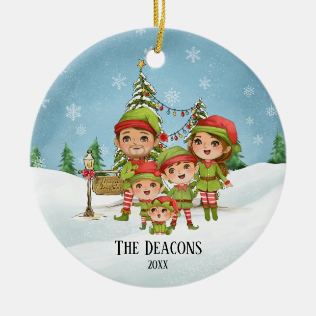 Cute Elf Family of 5 Personalised Christmas Ceramic Tree Decoration (Front)