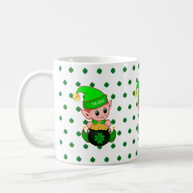 Cute elf, gold coins & lucky clovers coffee mug (Left)