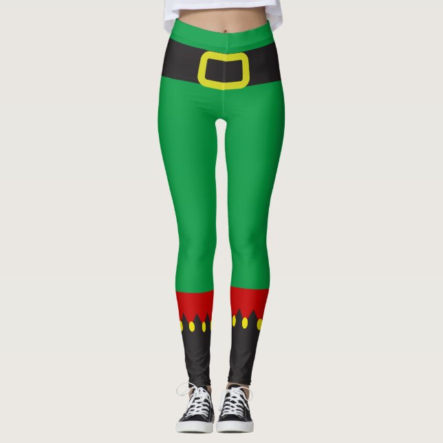 Cute Elf Green Red Christmas Novelty Leggings (Front)