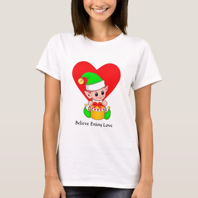 Cute Elf & Heart with Motivational Words T-Shirt (Front)
