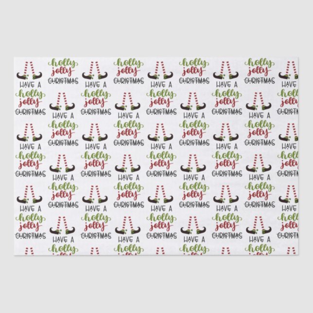 Cute Elf Holly Jolly Christmas Personalised Tissue Paper (Front)