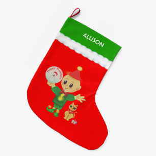 Cute Elf Large Christmas Stocking