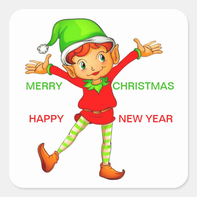 Cute Elf Merry Christmas & Happy New Year Colourfu Square Sticker (Front)