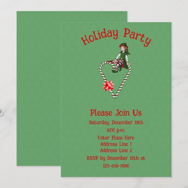 Cute Elf On Candy Cane Heart Christmas Holiday  Invitation (Front/Back)