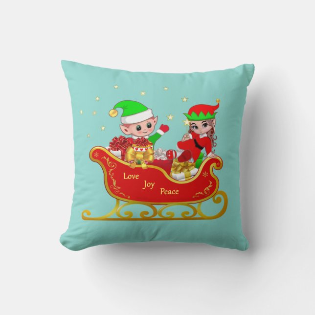 Cute Elf on Christmas Sleigh on Teal Cushion (Front)