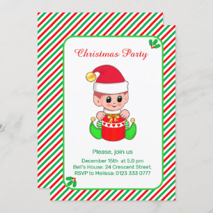 Cute Elf on Green, Red Striped Christmas Party Invitation