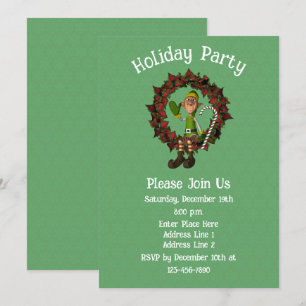 Cute Elf On Poinsettia Wreath Christmas Holiday  Invitation