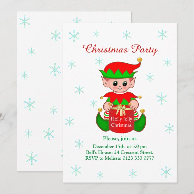 Cute Elf on White Christmas Party Invitation (Front/Back)