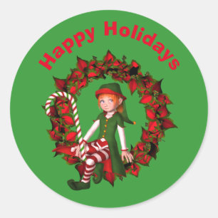 Cute Elf On Wreath Christmas Holiday  Classic Round Sticker