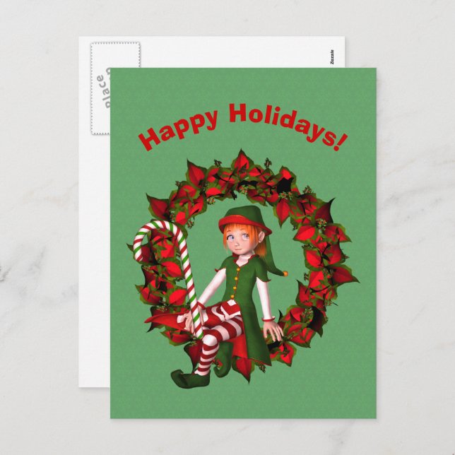 Cute Elf On Wreath Christmas Holiday Postcard (Front/Back)