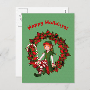Cute Elf On Wreath Christmas Holiday Postcard