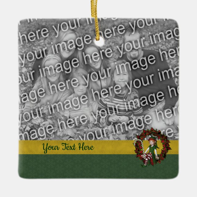Cute Elf On Wreath Holiday Photo   Ceramic Ornament (Front)