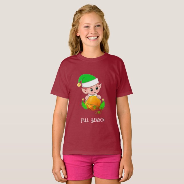 Cute Elf & Pumpkin Fall Season  T-Shirt (Front Full)