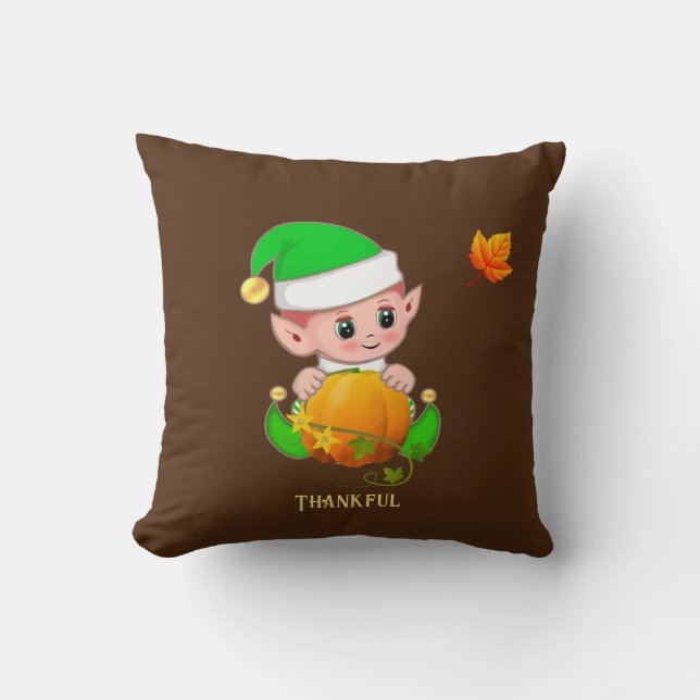 Cute Elf & Pumpkin on Brown Cushion (Front)