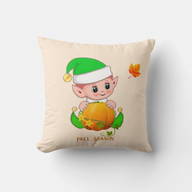Cute Elf & Pumpkin on Light Beige Cushion (Front)