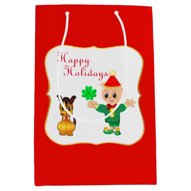 Cute Elf & Puppy Dog Medium Gift Bag (Front)