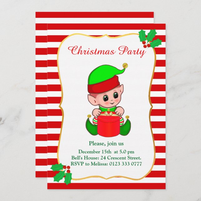 Cute Elf & Red White Christmas Party Invitation (Front/Back)