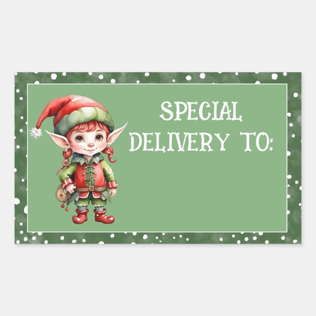 cute elf special delivery personalised  rectangular sticker (Front)