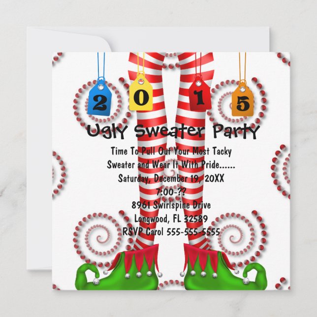 Cute Elf Stocking Ugly Sweater Party Invite (Front)