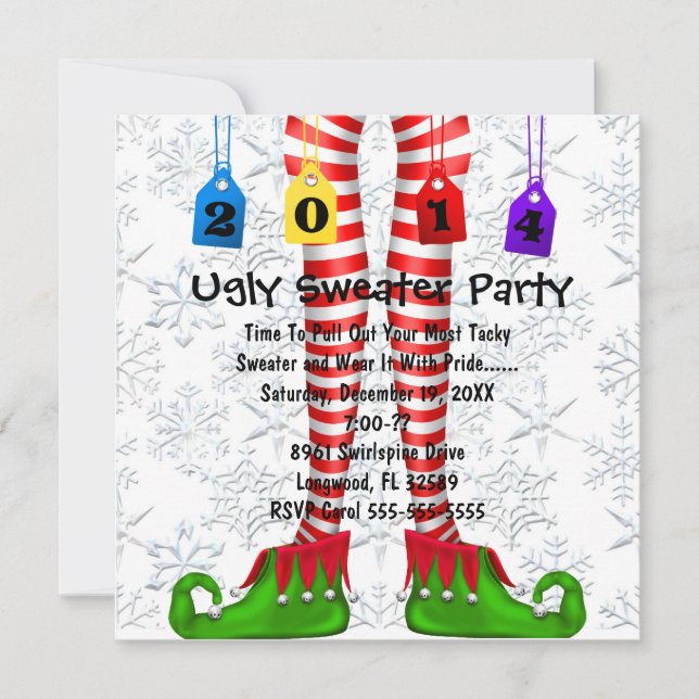 Cute Elf Stocking Ugly Sweater Party Invite (Front)