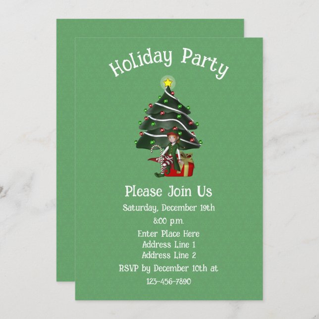 Cute Elf Tree Present Christmas Holiday  Invitation (Front/Back)