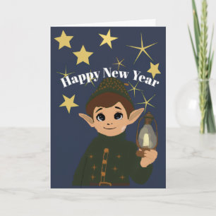 Cute Elf Watcher Starry Night Happy New Year Foldi Card