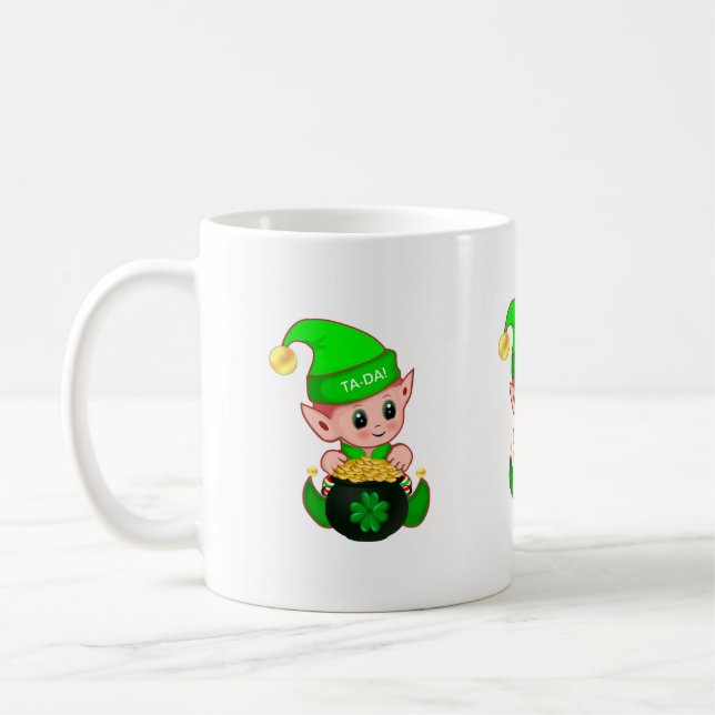 Cute elf with a pot of gold & lucky shamrock coffee mug (Left)