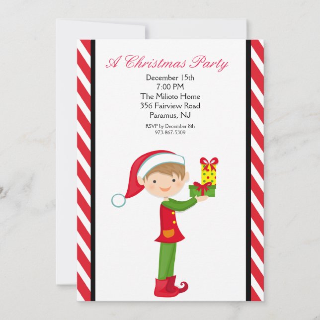 Cute Elf with a Present Christmas Party Invite (Front)