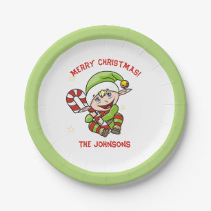 Cute Elf with Candy Cane Christmas Paper Plate
