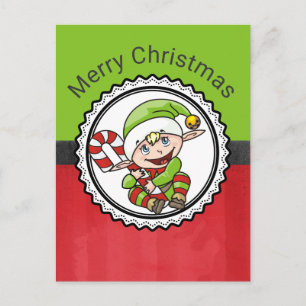 Cute Elf with Christmas Cane Merry Christmas Holiday Postcard