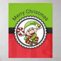 Cute Elf with Christmas Cane Merry Christmas