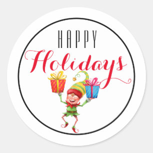 Cute Elf with Gifts Happy Holiday/White Classic Round Sticker